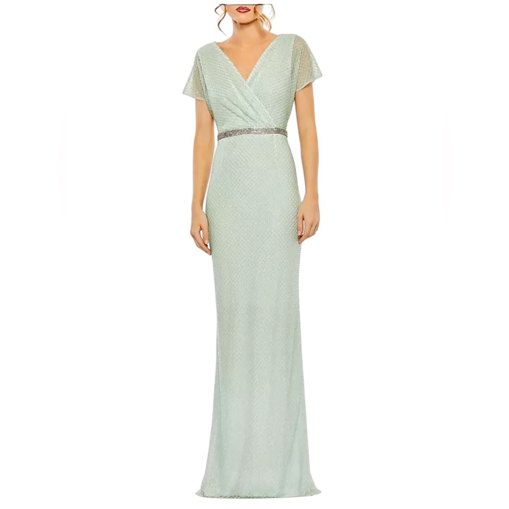 NWT Mac Duggal Beaded Waist Column Short Sleeve Sage Gown Wedding Formal